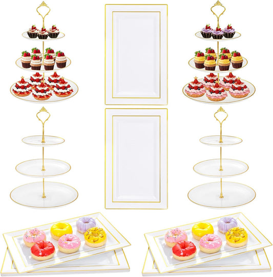 Supernal 10 Pack Dessert Table Display Set -4 Sets 3 Tier Cupcake Stand,6 Pcs Food Serving Trays,Elegant Tableware for Cupcakes and Snacks,Perfect for Tea Party Baby Shower Decorations(White and Gold)