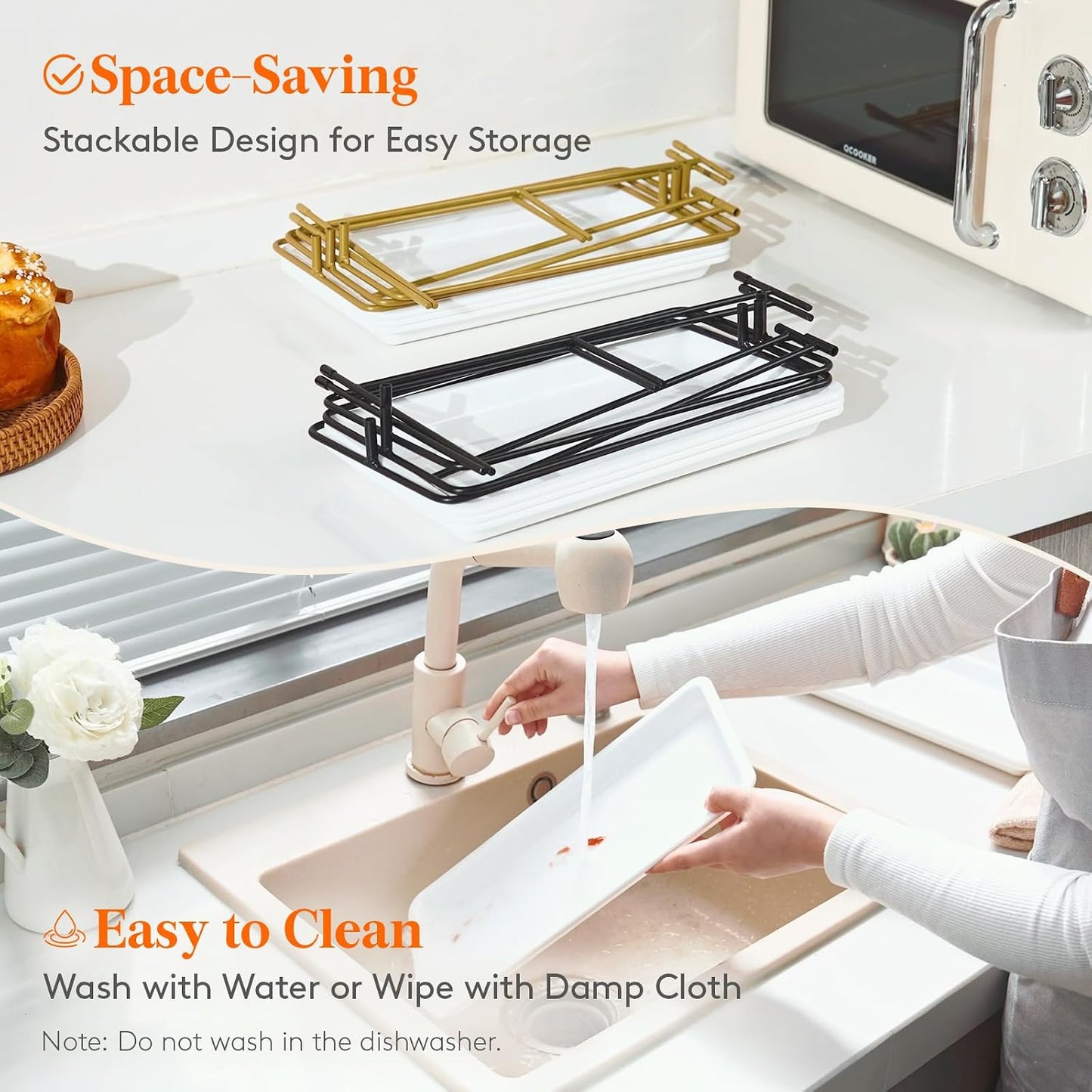 Lifewit 3 Tier Serving Tray for Party, 36 x 17 cm/14 x 6.5 Plastic Serving Platters, White Tiered Tray Stand with Gold Collapsible Metal Stand, Decorative Dessert Table Display Set for Buffet