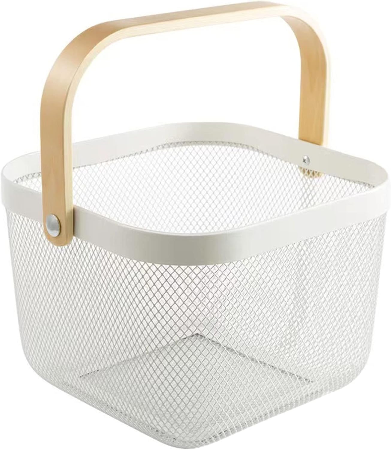 AJIODA Metal Mesh Steel Basket, Storage Organizer Basket Multi-functional Hanging Kitchen Baskets Fruit Basket Bin with Bamboo Handle for Kitchen Bathroom Picnic Shopping Decor Cabinet Home, Blue