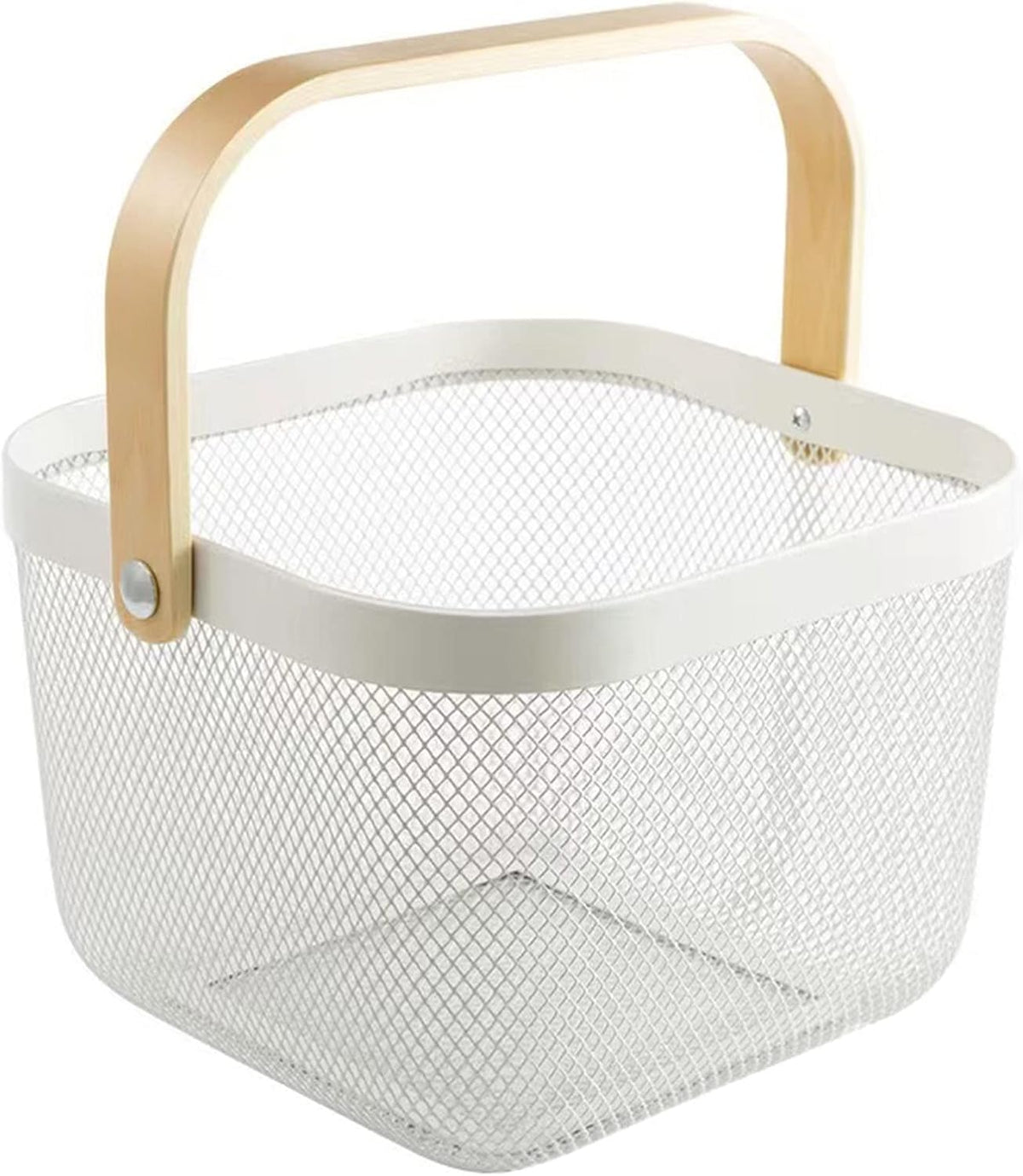 AJIODA Metal Mesh Steel Basket, Storage Organizer Basket Multi-functional Hanging Kitchen Baskets Fruit Basket Bin with Bamboo Handle for Kitchen Bathroom Picnic Shopping Decor Cabinet Home, Blue