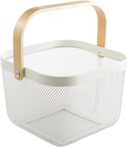 AJIODA Metal Mesh Steel Basket, Storage Organizer Basket Multi-functional Hanging Kitchen Baskets Fruit Basket Bin with Bamboo Handle for Kitchen Bathroom Picnic Shopping Decor Cabinet Home, Blue