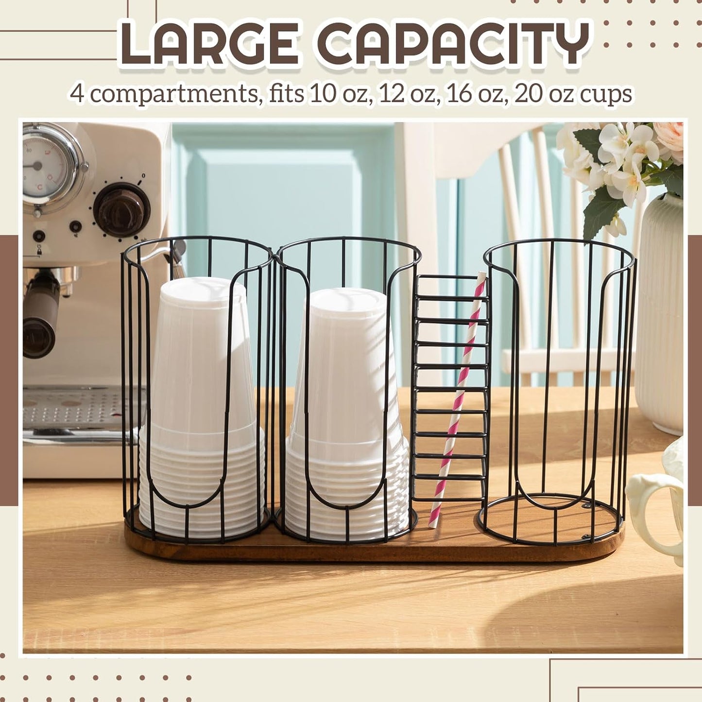 Geelin 18oz Adjustable Coffee Cup Dispenser with Wooden Base, Cup and Lid Holder, Cups Holder Organizer for Coffee Pod Straw and Lid Storage(2-compartment Single,Color 2)