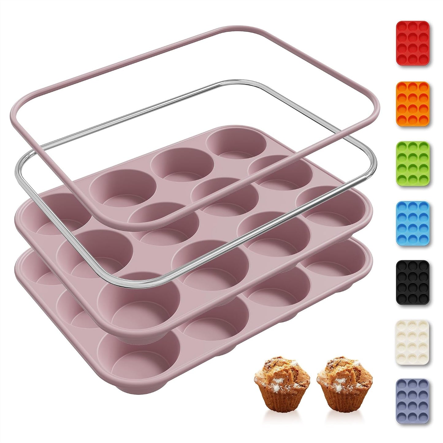 2 Pack 12 Cups Silicone Muffin Pan with Metal Reinforced Frame Regular Size Silicone Molds Cupcake Cake Baking Pans Cookie Baking Chocoflan Cupcake Mold Nonstick Muffin Tin Home Baking Supplies