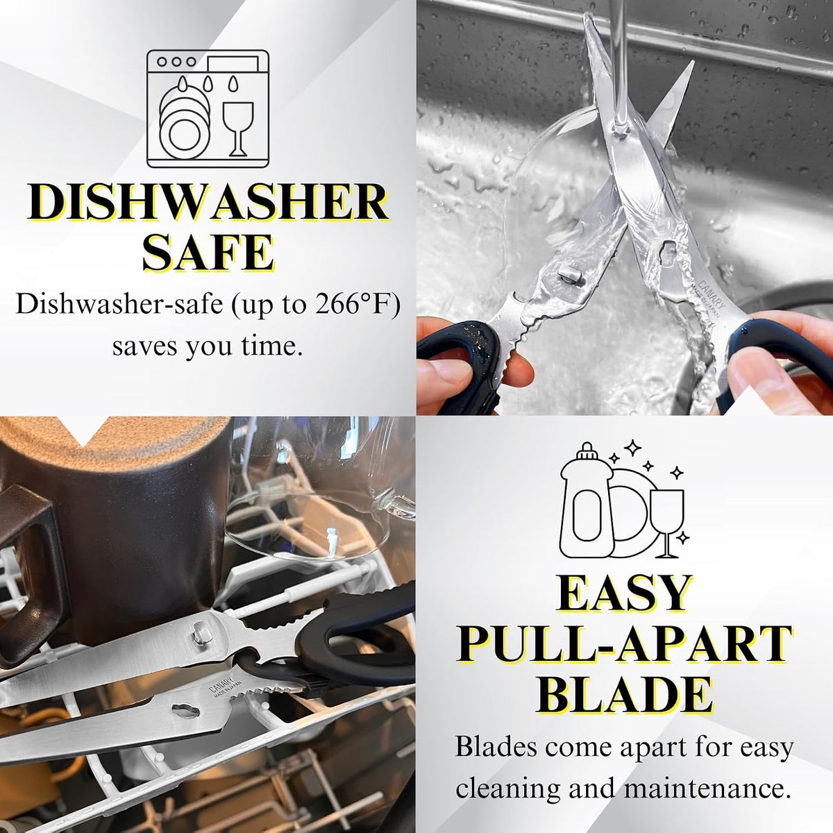 CANARY Japanese Kitchen Scissors Heavy Duty 8.2", Made in JAPAN, Dishwasher Safe Come Apart Blade, Multipurpose Kitchen Scissors, Sharp Serrated Japanese Stainless Steel, Black