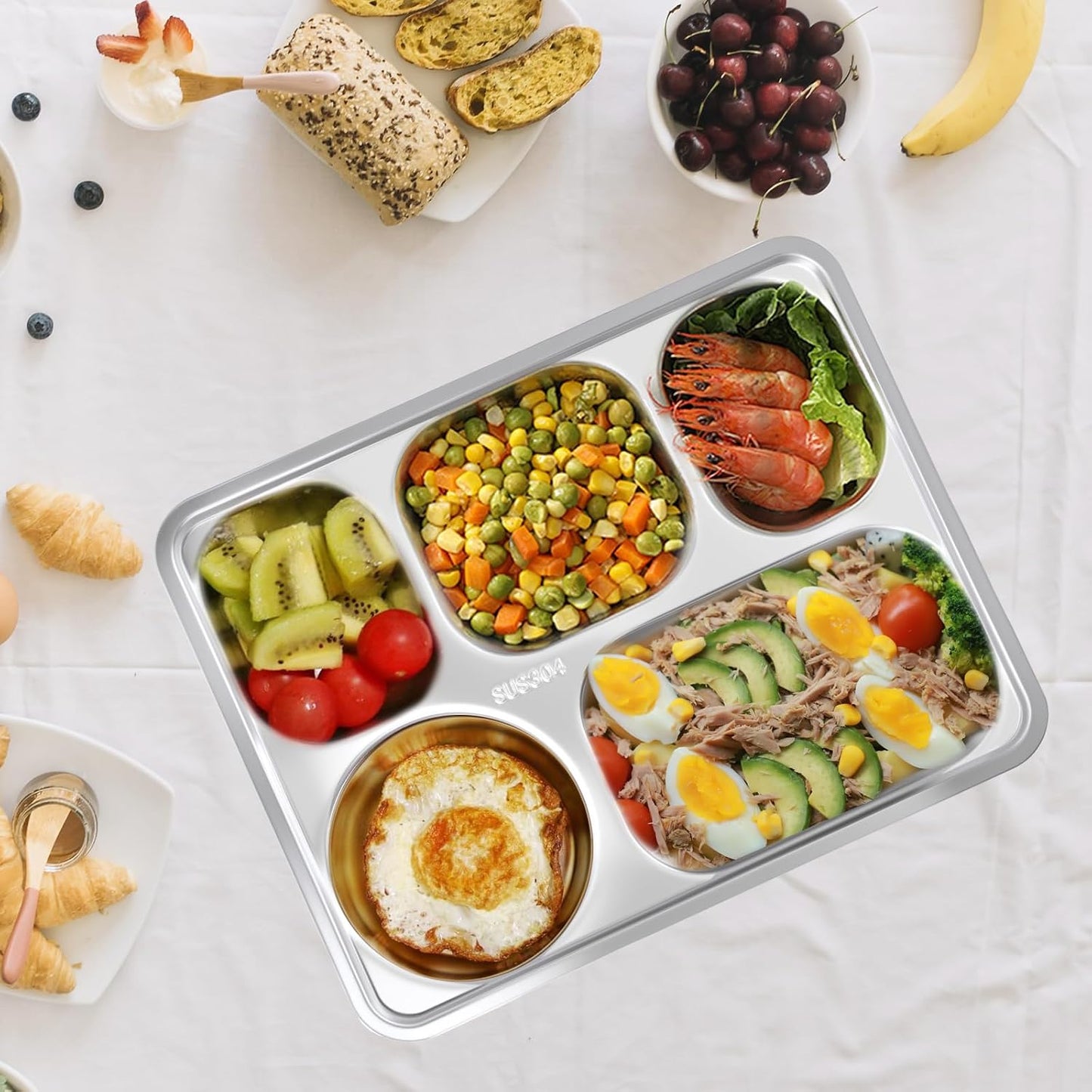 3 Pack Stainless Steel Snack Containers with Lids, 11 x 8.66 In Bento Snack Container with 5 Compartments, Reusable Meal Prep Lunch Trays, Divided Food Storage Container for Home Office Travel