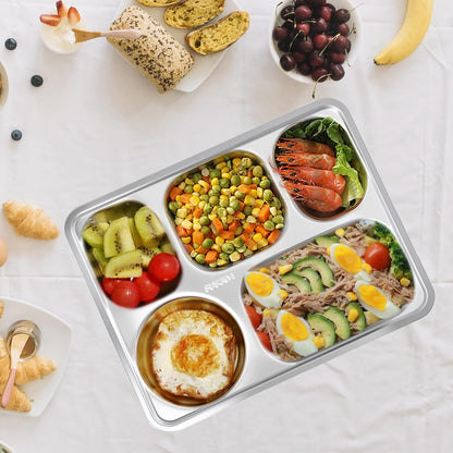 3 Pack Stainless Steel Snack Containers with Lids, 11 x 8.66 In Bento Snack Container with 5 Compartments, Reusable Meal Prep Lunch Trays, Divided Food Storage Container for Home Office Travel