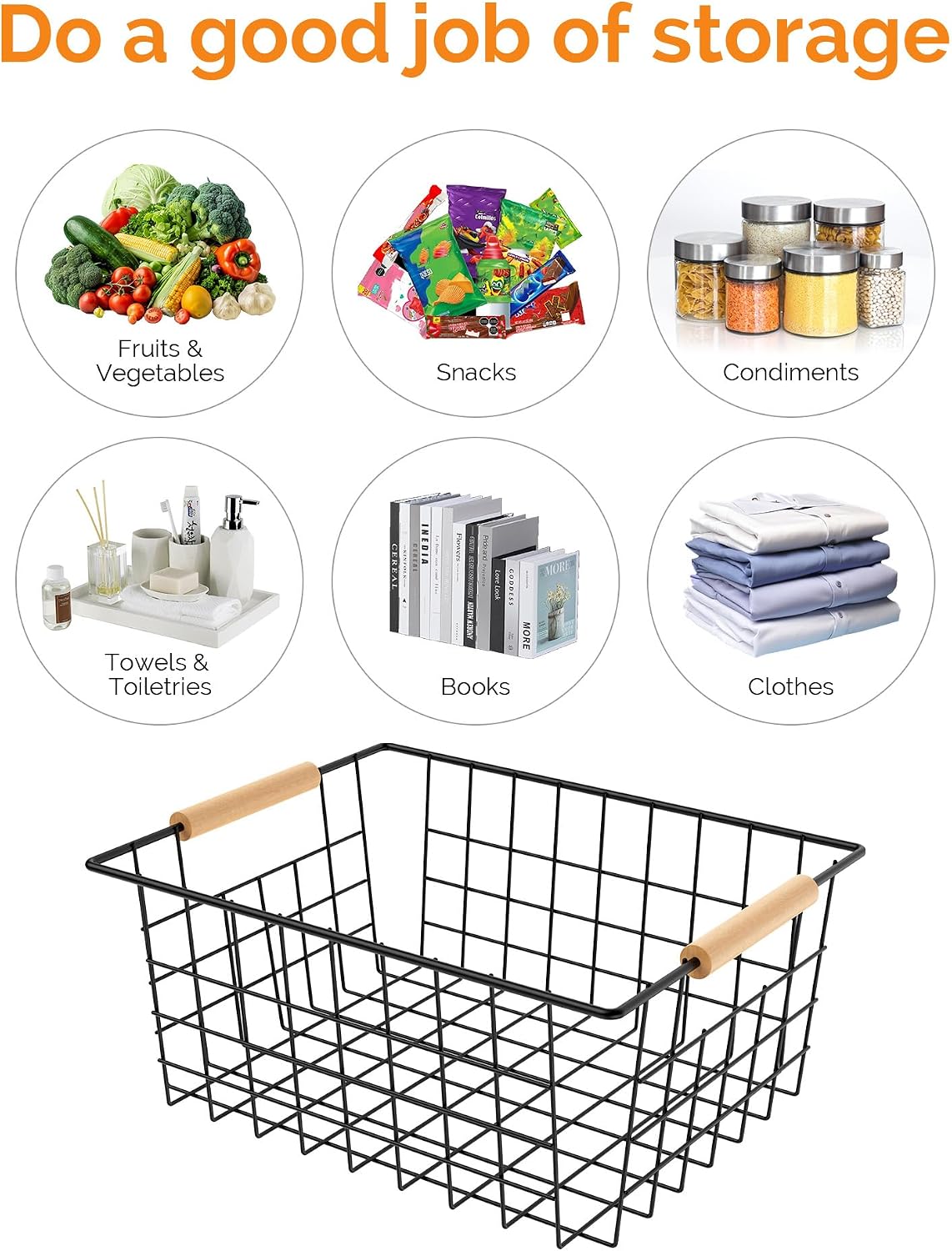 Wire Basket with Wooden Handle, Metal Utility Storage Basket for Organizing Kitchen Pantry Cabinets, Closet and Garage Shelves Drawers, Office Metal Basket Storage Organizer with Handle (Black 4 Pack)