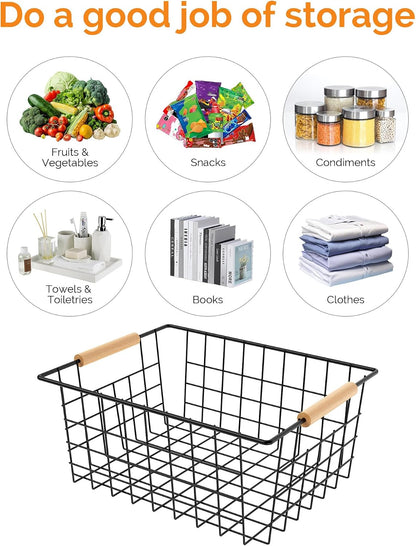 Wire Basket with Wooden Handle, Metal Utility Storage Basket for Organizing Kitchen Pantry Cabinets, Closet and Garage Shelves Drawers, Office Metal Basket Storage Organizer with Handle (Black 4 Pack)