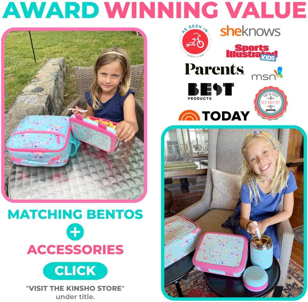 Bento Box with Stainless Steel Thermo, Insulated Lunch Bag, Ice Pack Set for Kids - 5 Compartments, Lunches or Snack Container for Girls, Toddlers Daycare Pre-School, Kindergarten Purple Unicorn