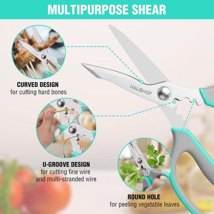 HAUSHOF Kitchen Scissors for Food, Heavy Duty Kitchen Shears, Sharp Stainless Steel Shears with Soft Grip, U-Groove Design, 8-1/4" Food Scissors for Meat, Vegetables, Fine Bones