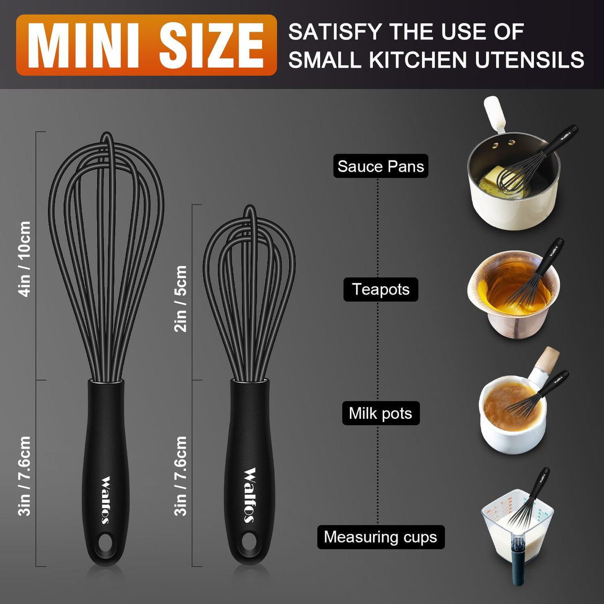 Walfos Silicone Whisk,Stainless Steel Wire Whisk -Heat Resistant 480°F Kitchen Whisks for Non-stick Cookware,Balloon Egg Beater Perfect for Blending,Whisking,Beating,Frothing & Stirring,Black