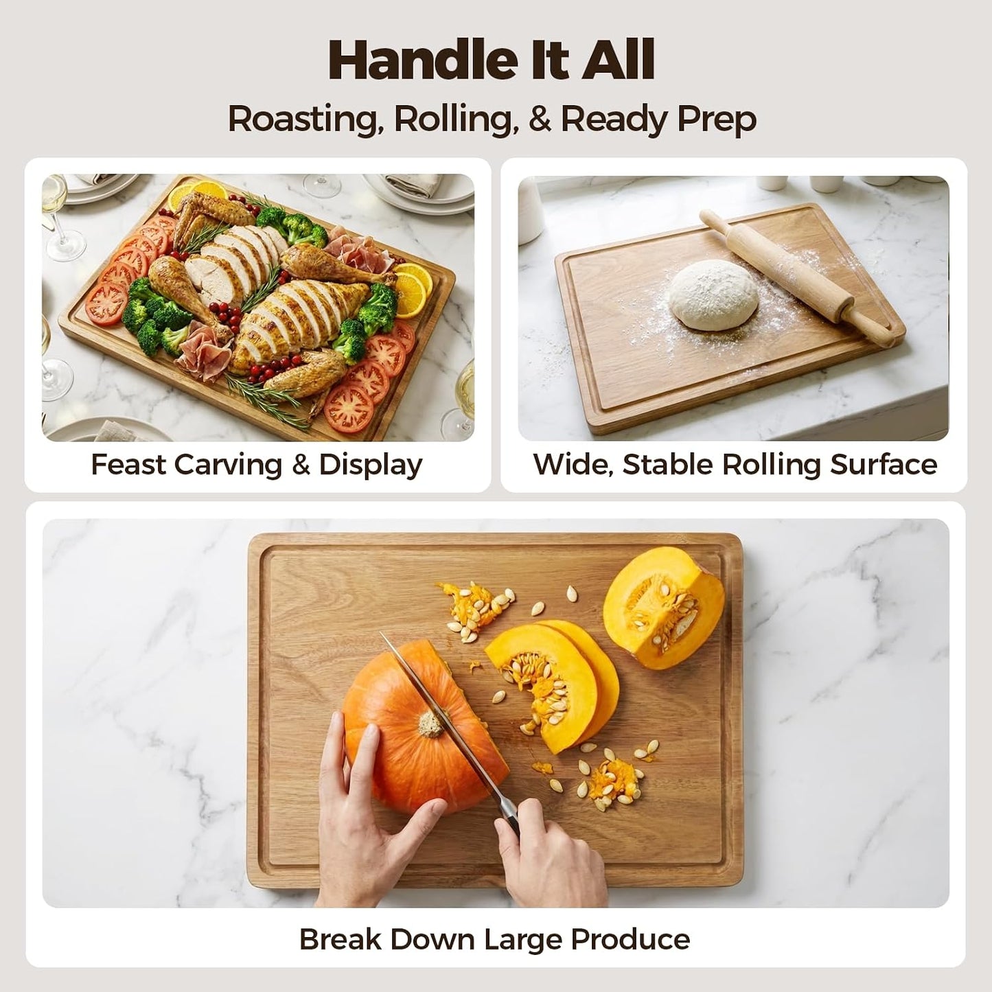 Acacia Wood Cutting Board for Kitchen, Set of 3 - Durable Thick Chopping Boards with Juice Grooves & Handles for Prep & Serving, Impressive Gift for Housewarming, Christmas, and Home Chefs