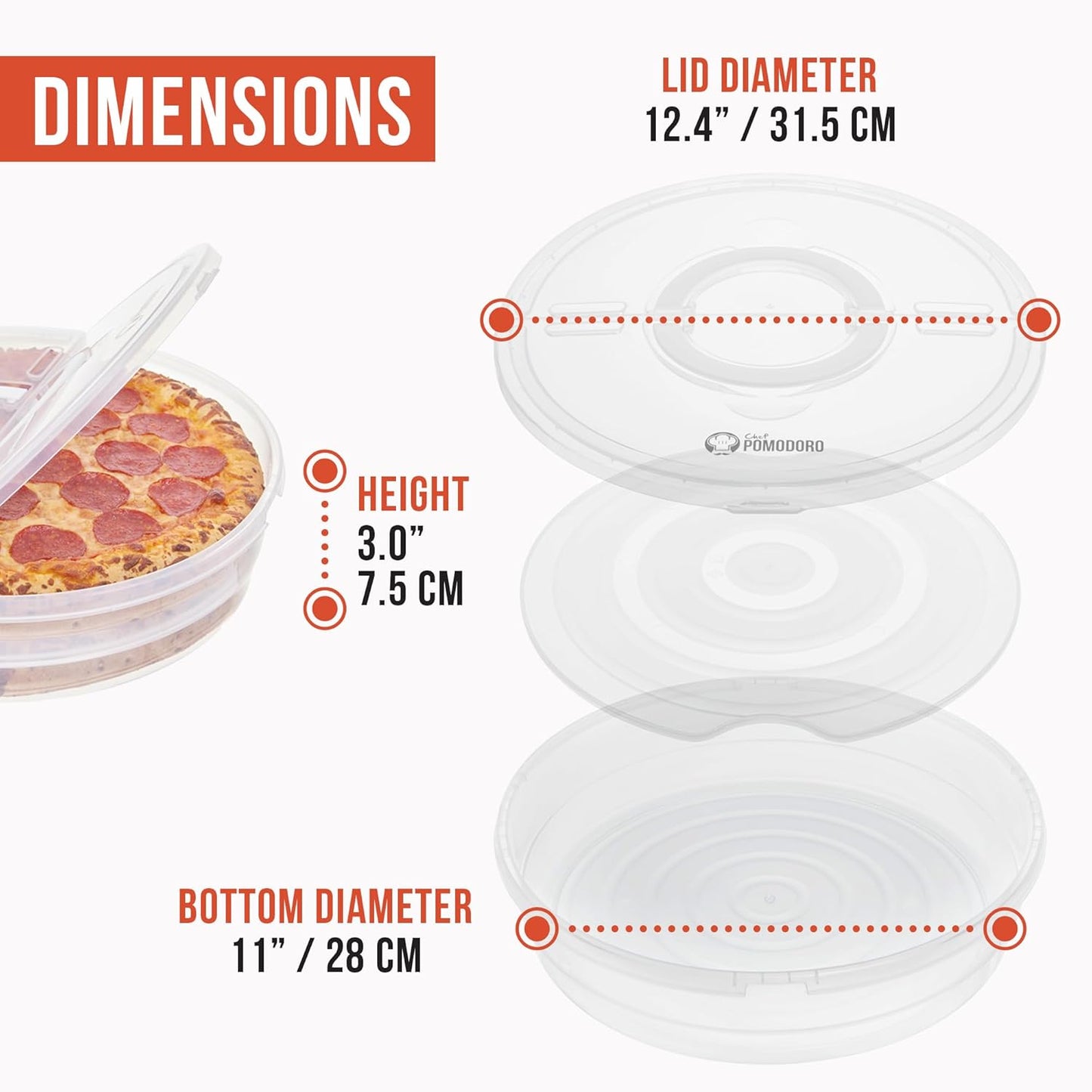 Chef Pomodoro Pie Carrier for 2 Pies 12-Inch, Multi Pie Carrier With Lid and Handle, Pizza Holder With Lid, Reusable Pizza Storage Container for Transport, Stackable Food Keeper, Dough Box, 2 Pack