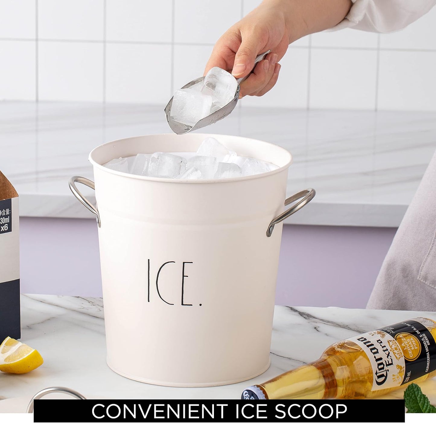 Rae Dunn Ice Bucket with Scoop - Stainless Steel Bucket with Handle, Lid and Ice Scooper - 4 Qt. Storage Bin for Ice Cubes for Bars, Parties, Backyard Barbeques, Picnics, and Camping (Black)