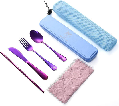 Boulder Bee | Travel Utensils Set | Reusable Camping Cutlery Set | Stainless Steel Flatware Set | Portable Silverware Set with Case | Includes Knife/Fork/Spoon/Straw/Cleaning Cloth/Case (Purple)
