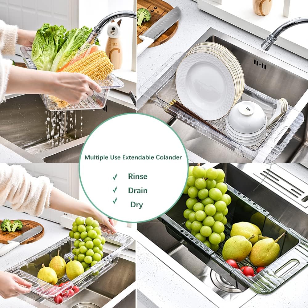 Over the Sink Colander Strainer Basket, Expandable Multifunctional Plastic Colander, Adjustable Drainer Basket, Wash Vegetables and Fruits, Drain Cooked Pasta and Dry Dishes - Green