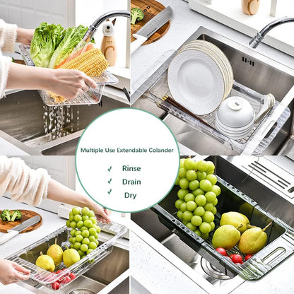 Over the Sink Colander Strainer Basket, Expandable Multifunctional Plastic Colander, Adjustable Drainer Basket, Wash Vegetables and Fruits, Drain Cooked Pasta and Dry Dishes - Green