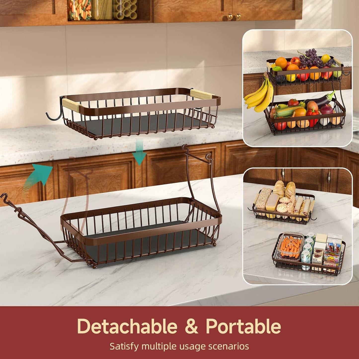 Sevenblue 2 Tier Large Fruit Basket for Kitchen Counter with 2 Mobile Banana Hangers, 2026 Pro Detachable Metal Fruit Bowl with Wooden Handle, Fruit Holder for Bread Snack Veggies with Protective Mats