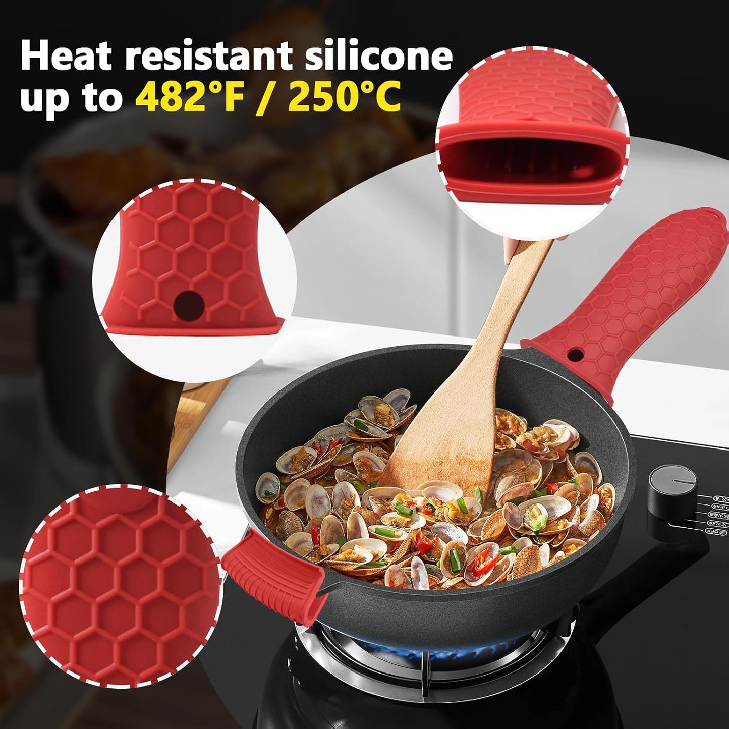 Bonsicoky 4 Pieces Silicone Hot Handle Holder Sleeve Set - Non-Slip, Heat Resistant Covers for Cast Iron Cookware - Perfect for Frying Pans, Casseroles, and Large Pots - Red