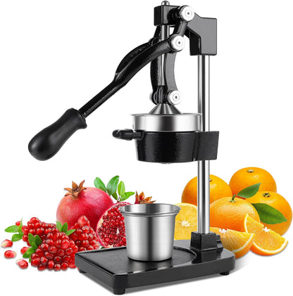 Cast Iron Manual Juicer Hand Press, Lemon Squeezer, Commercial-Grade Citrus Press Suitable for Oranges, Lemons, Limes, and Pomegranates Easy to Clean Includes Stainless Steel Cup, Black
