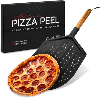 Perforated Pizza Peel, 12 Inch Pizza Spatula with Wood Handle, Metal Paddle
