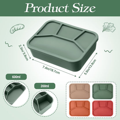 Honeydak 6 Pcs Silicone Bento Box Reusable Lunch Container 4 Compartment Snack Boxes with Lid Smooth LeakProof Rectangle Food Boxes for Adult Work Travel Food Storage (Cute Color)