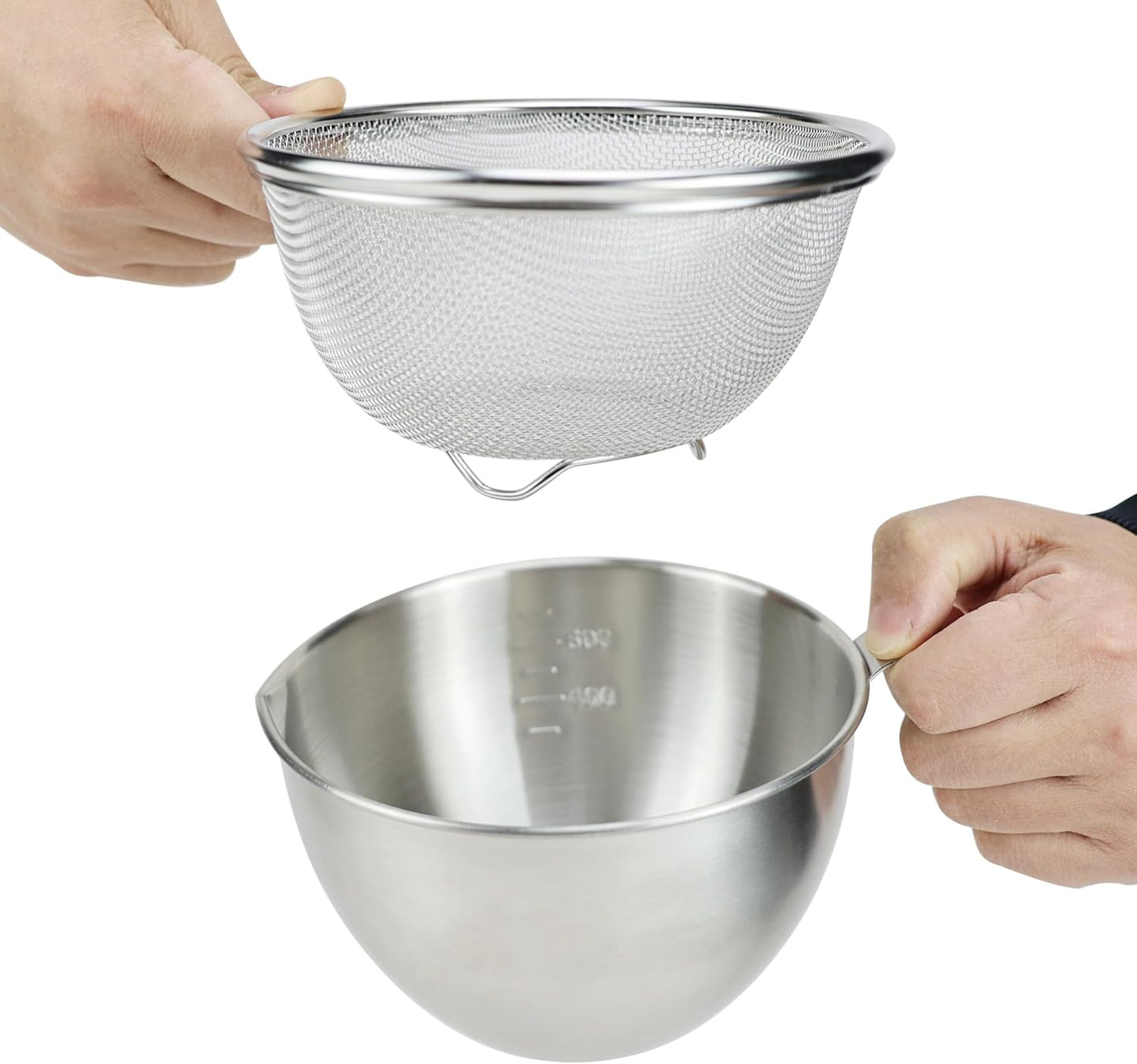 EIKS Stainless Steel Mixing Bowls with Strainers for Mixing Batter Egg Cream & Washing Draining Fruit Rice Beans Grains, Capacity of Bowl is 1000ml/1-Quart