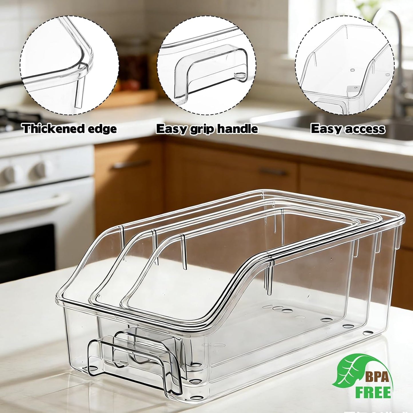 6 Packs Clear Freezer Organizers and Storage Bins with Handle, Stackable Storage Bins Open Front Pantry Bins for Storage and Organization for Bathroom Kitchen Refrigerator Pantry