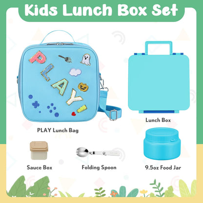 Kids Bento Lunch Box with Thermo, Include 9oz Soup Thermo, Kids Leakproof Lunch Box with 4 Compartment, Insulated Lunch Bag for Girls Boys to School Travel