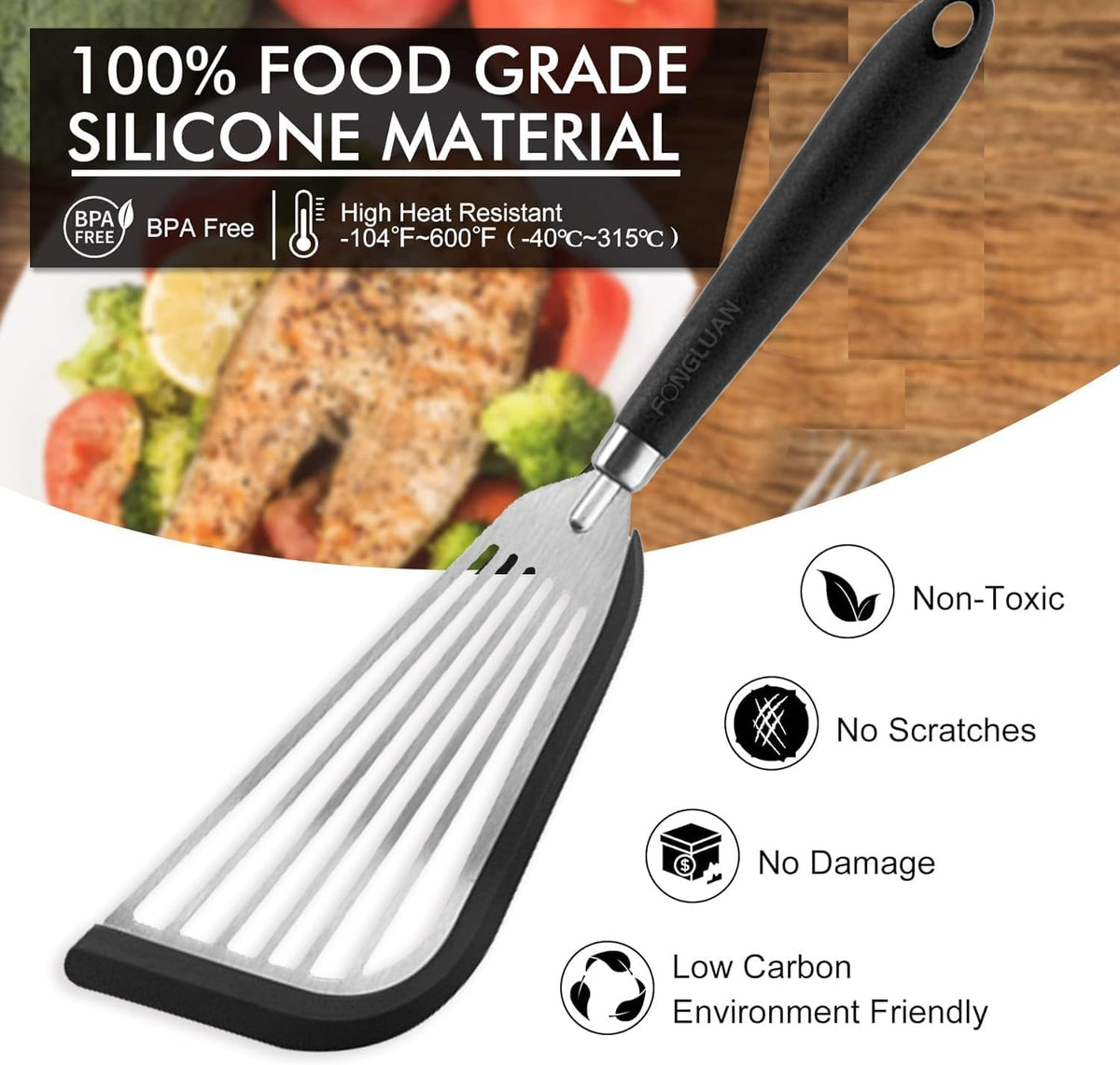Stainless-Steel Slotted Flex Fish Turner, Set of 2, Kitchen Spatulas for Nonstick Cookware, Cooking Utensils for Flipping Eggs & Pancakes, Heat-Resistant, BPA Free, Dishwasher Safe, Black