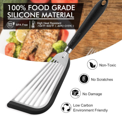 Stainless-Steel Slotted Flex Fish Turner, Set of 2, Kitchen Spatulas for Nonstick Cookware, Cooking Utensils for Flipping Eggs & Pancakes, Heat-Resistant, BPA Free, Dishwasher Safe, Black