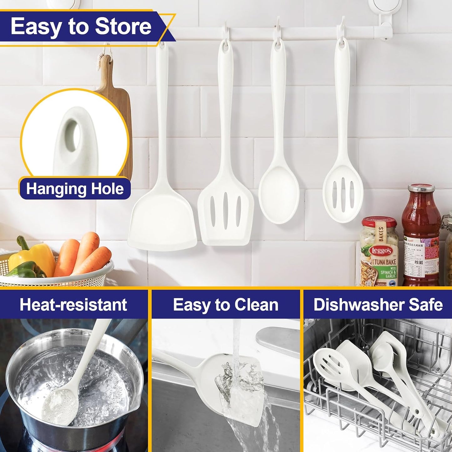 P&P CHEF Kitchen Utensil Set, 4 Pieces Non-stick Silicone Cooking Utensils, Heat-resistant Slotted Solid Spoon Turner for Frying, Mixing, Serving, Non-toxic & Easy to Clean, Blue