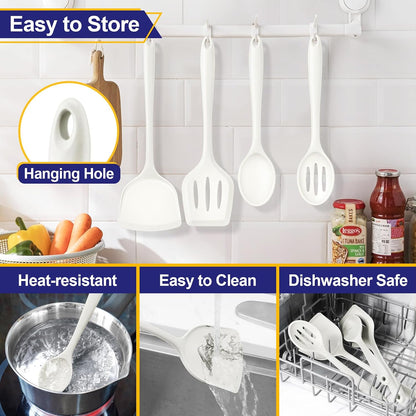P&P CHEF Kitchen Utensil Set, 4 Pieces Non-stick Silicone Cooking Utensils, Heat-resistant Slotted Solid Spoon Turner for Frying, Mixing, Serving, Non-toxic & Easy to Clean, Blue