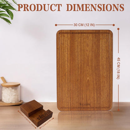 Solid Teak Wood Cutting Board Set One Piece Non Glued Large Thick Crack Resistant Wooden Chopping Board with DeepJuice Grooves Built in Handles for Kitchen Meat Bread 15x10.2IN &11.8 * 7.9IN