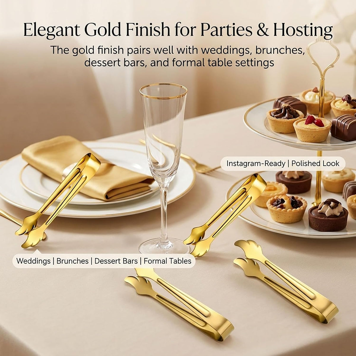 6-Piece Gold Mini Tongs, 4.33" Stainless Steel Ice Tongs for Ice Bucket