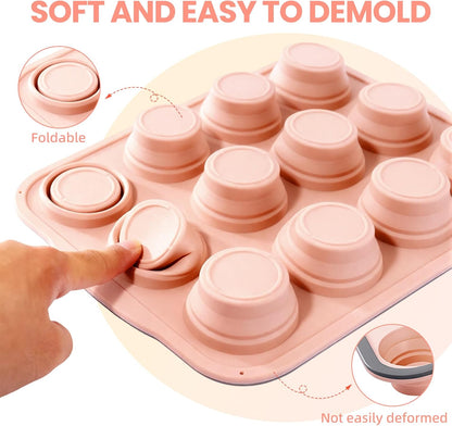 Silicone Muffin Pan, 12 Cups Non-Stick Cupcake Pan, Food-Grade BPA-Free Muffin Tin, Oven-Safe 450 °F, Reinforced Steel Frame, Easy-Grab Handles, Quick-Release 2.3" Baking Molds for Mini Treats