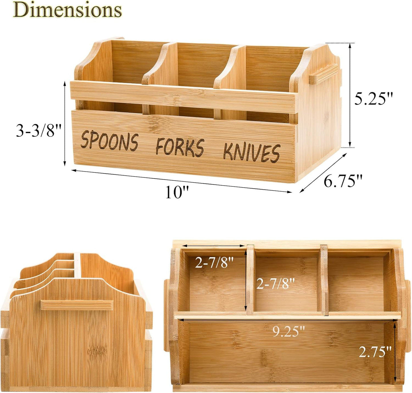 Yesland Bamboo Silverware Caddy Organizer - 4 Compartment Wooden Utensil Holder with Handle for Kitchen Countertop, Party, Forks Spoons Knives Napkins Storage