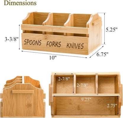 Yesland Bamboo Silverware Caddy Organizer - 4 Compartment Wooden Utensil Holder with Handle for Kitchen Countertop, Party, Forks Spoons Knives Napkins Storage