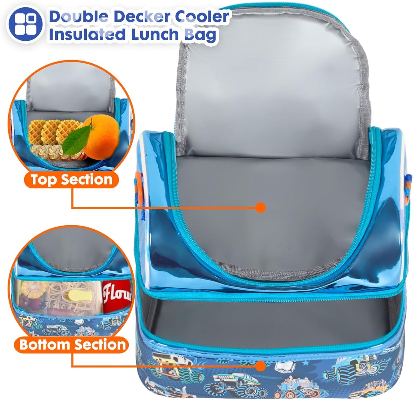 Kids Double Decker Cooler Insulated Lunch Bag, Back to School Large Meal Tote for Boys, Girls, Men, Women, with Adjustable Strap, Soccer