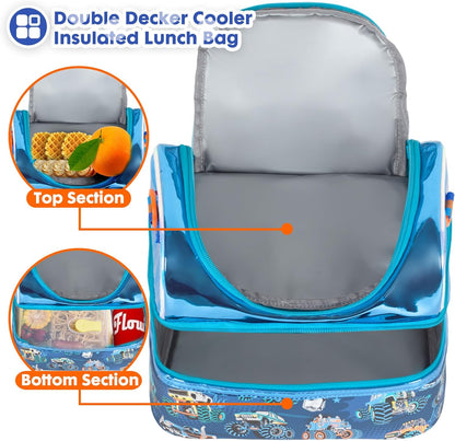 Kids Double Decker Cooler Insulated Lunch Bag, Back to School Large Meal Tote for Boys, Girls, Men, Women, with Adjustable Strap, Soccer