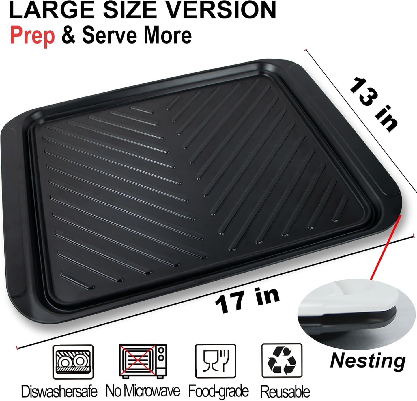 ECOIOU Extra Large Grilling Prep and Serve Trays, 17.3x13 inch BBQ Tray for Raw and Cooked Food, Melamine Serving Trays for Food, Set of 2, Black and White