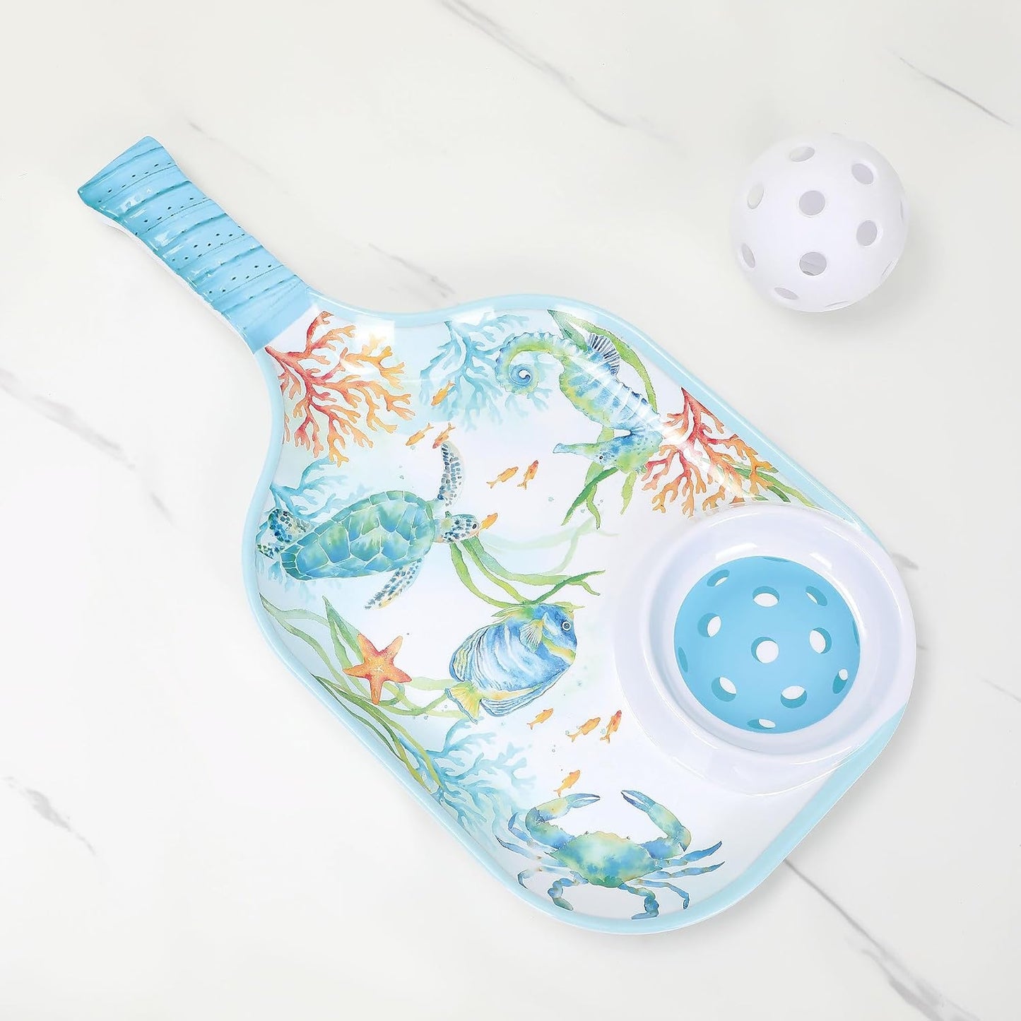 UPware Flamingo Melamine Chip and Dip Snack Tray, Tropical Floral Pickleball Paddle Shape Platter for Chips, Salsa, Fruits, and Appetizers, 15.75 x 8 Inch