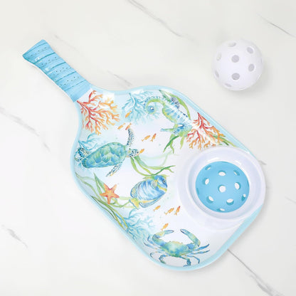 UPware Flamingo Melamine Chip and Dip Snack Tray, Tropical Floral Pickleball Paddle Shape Platter for Chips, Salsa, Fruits, and Appetizers, 15.75 x 8 Inch