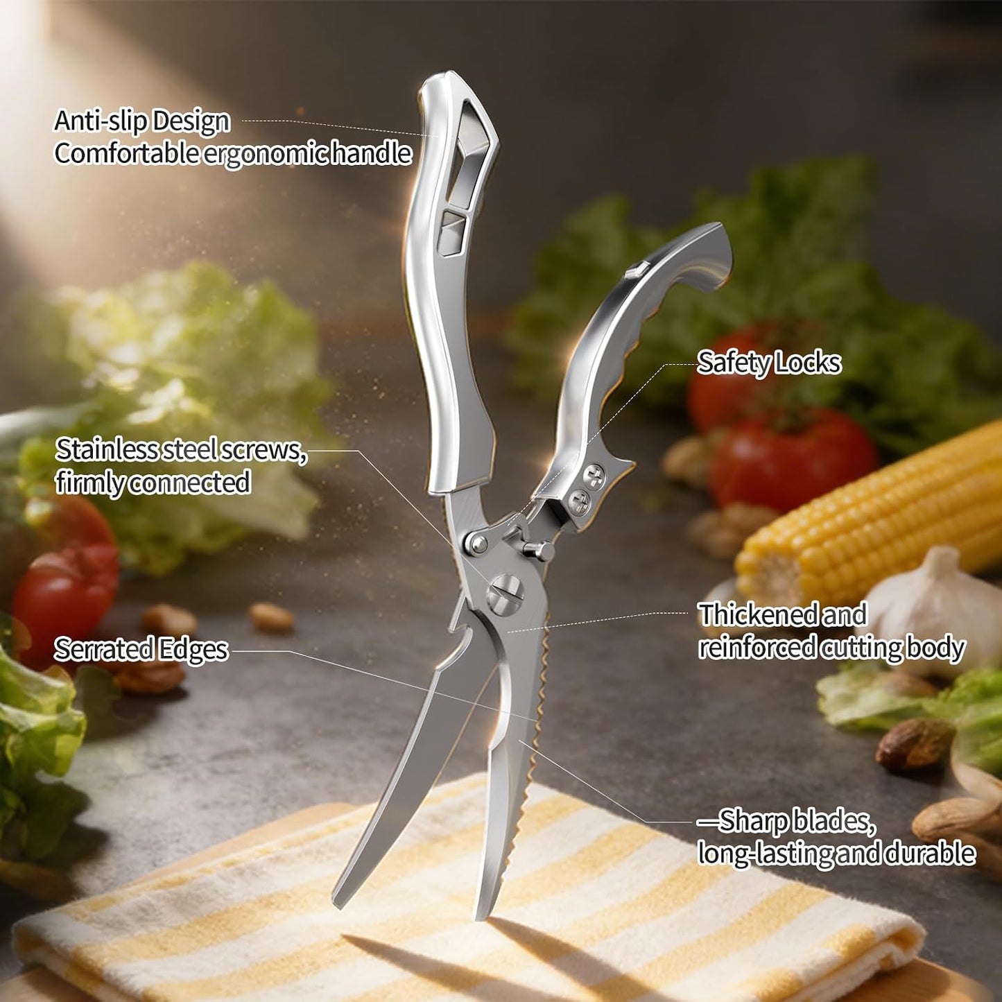 Heavy Duty Stainless Steel Kitchen Scissors, Multi-functional Poultry Shears, Ultra Sharp Easy to Clean Meat Scissors for Chicken, Bone, Meat, Fish, Vegetables & Fruits (A)