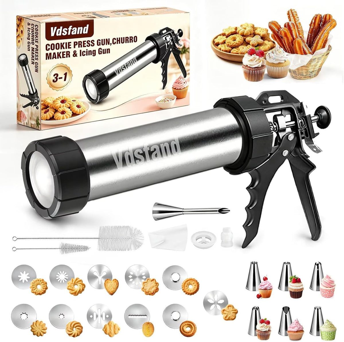 3-in-1 Cookie Press and Churro Maker, Stainless Steel Baking Gun