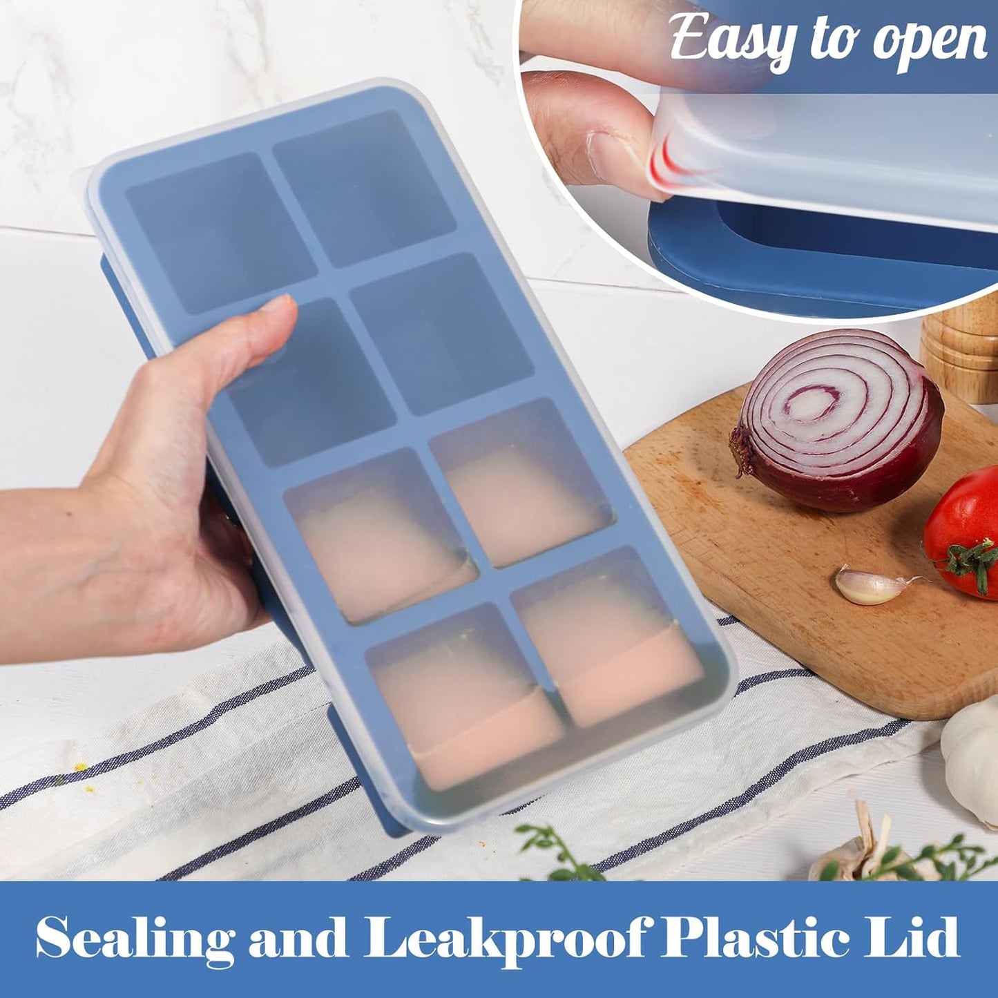 Koluti 2-Pack Nonstick Silicone 3 Soup Freezer Mold, 1-Cup Large Sauce Ice Tray with Plastic Lid, Stackable Freezing Maker Meal Prep Food Storage Container, Dishwasher Safe & BPA Free