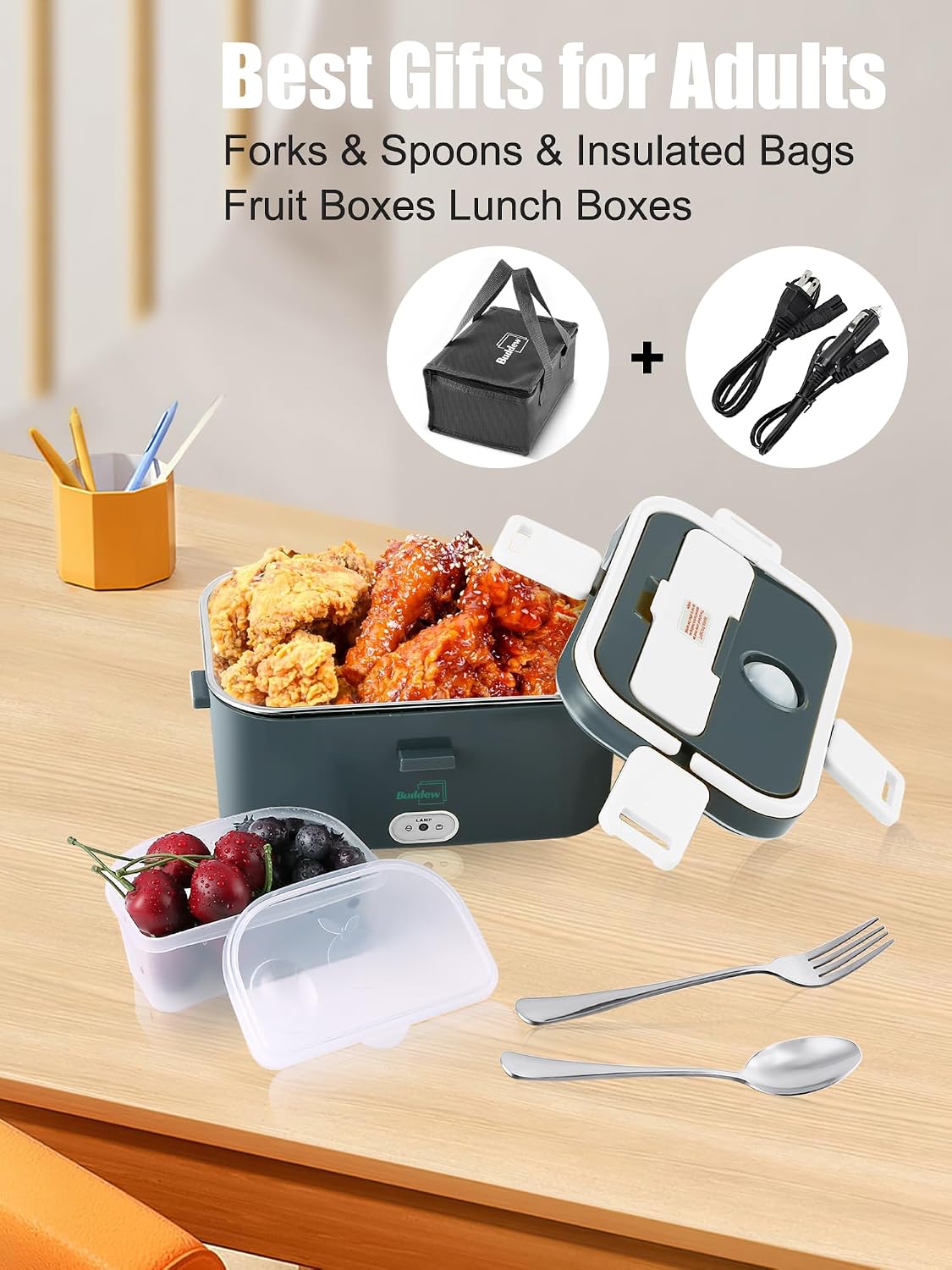 Buddew Electric Lunch Box for Adults, 80W Heated Lunch Box 1.8L Stainless Steel Portable Food Warmer,12/24/110V Lonchera Electrica Portatil for Travel & Work, Loncheras para Hombres de Trabajo
