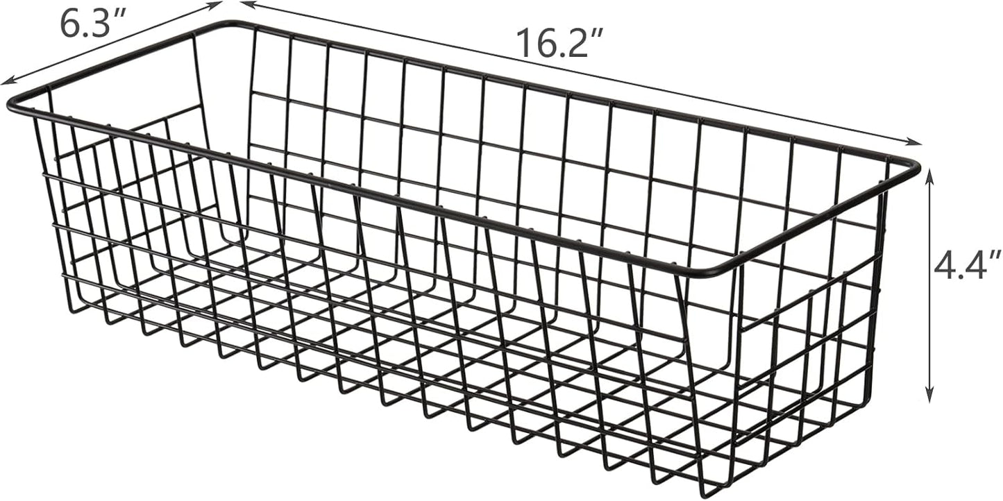 Hedume 3 Pack Metal Wire Storage Organizer Basket, 16.2" x 6.3" x 4.4" Bin Basket with Handles, Versatile Organizer for Kitchen, Pantry, Closet, Laundry Room, Cabinets, Bathroom - Black