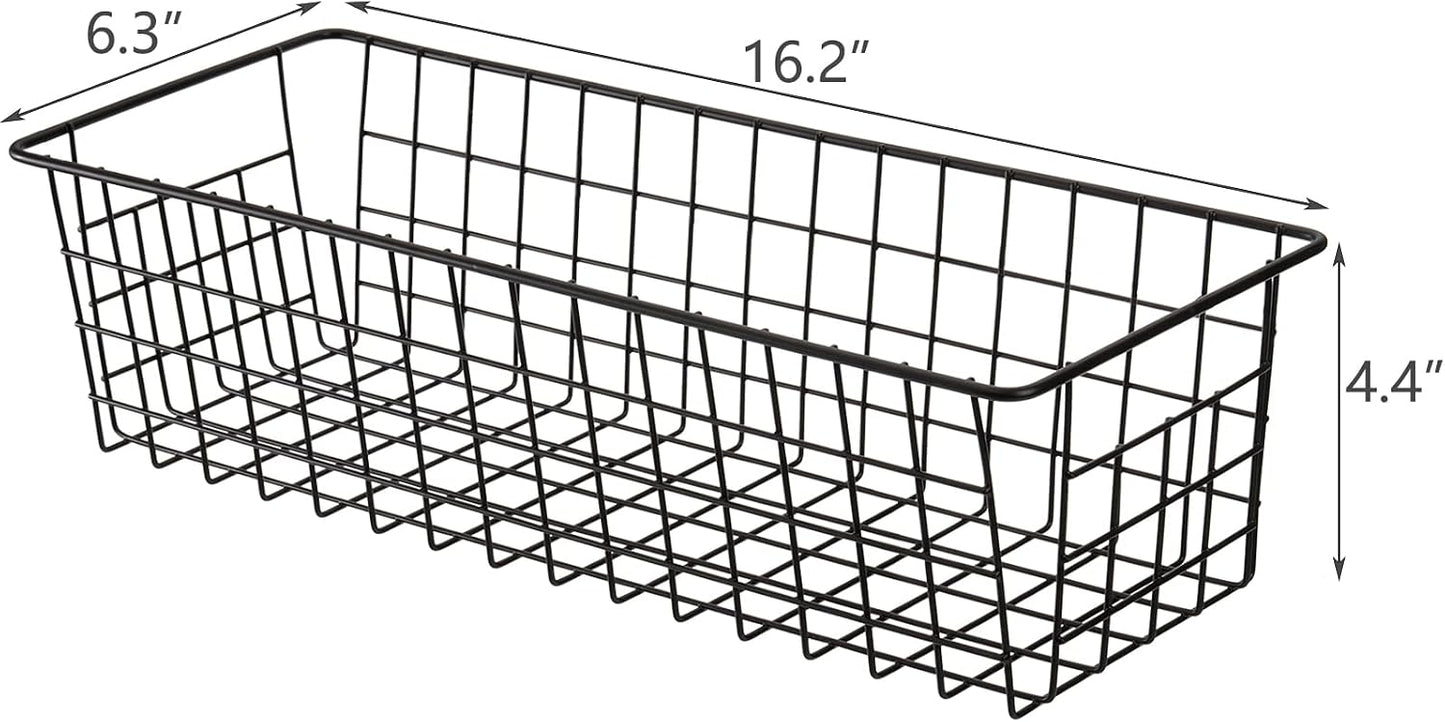 Hedume 3 Pack Metal Wire Storage Organizer Basket, 16.2" x 6.3" x 4.4" Bin Basket with Handles, Versatile Organizer for Kitchen, Pantry, Closet, Laundry Room, Cabinets, Bathroom - Black