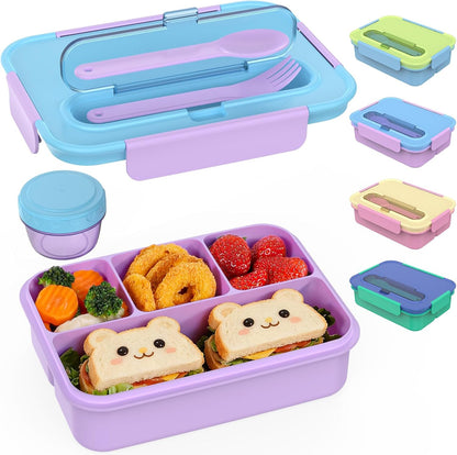 Caperci Bento Box for Kids - 50oz Larger Lunch Box Containers for Kids, Reinforced Leakproof, Built-in Sauce Cup, Utensils, 4 Compartments, BPA-Free Microwave & Dishwasher Safe (Lavender Pop)